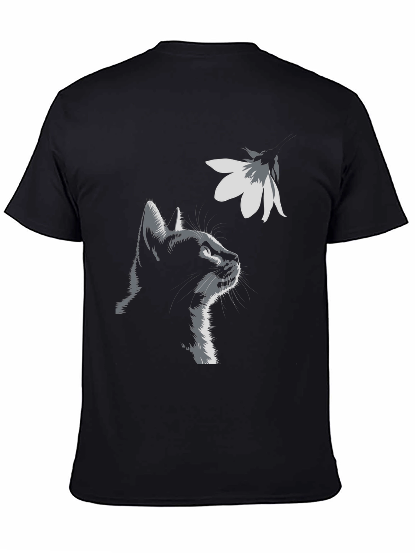 Cat & Flower Graphic Tee - Stylish Black T-Shirt