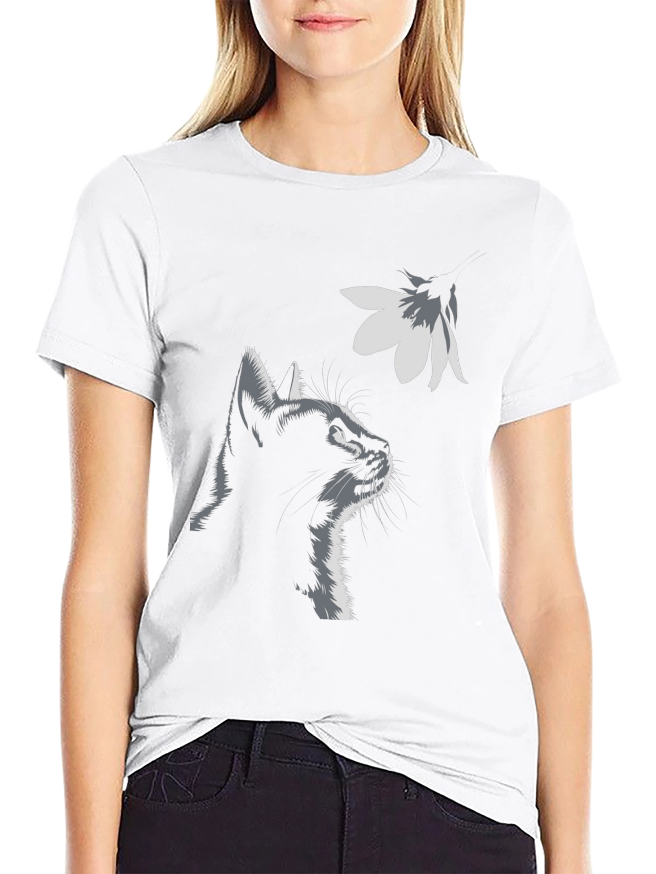 Cat & Flower Graphic Tee - Stylish Black T-Shirt