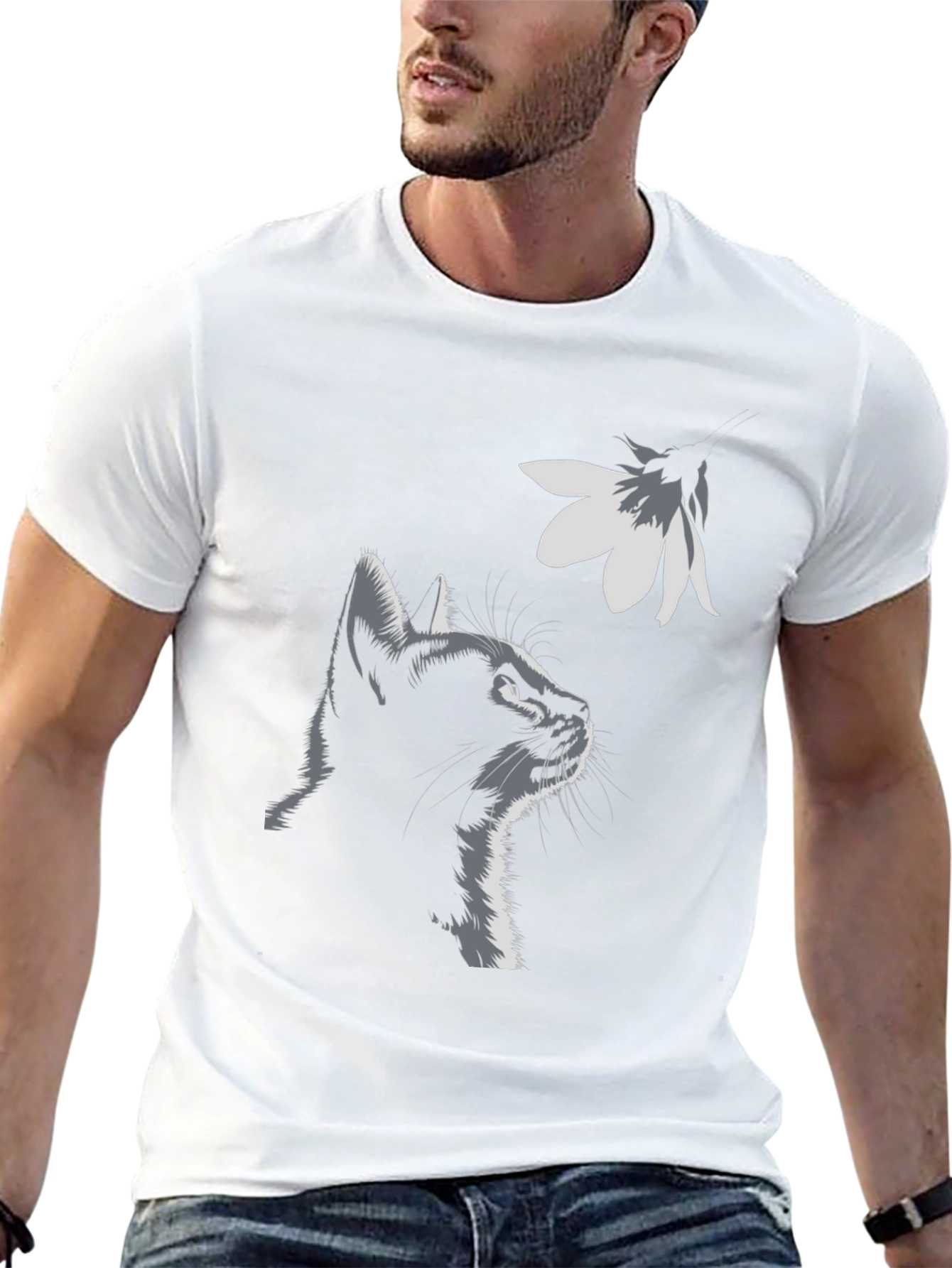 Cat & Flower Graphic Tee - Stylish Black T-Shirt