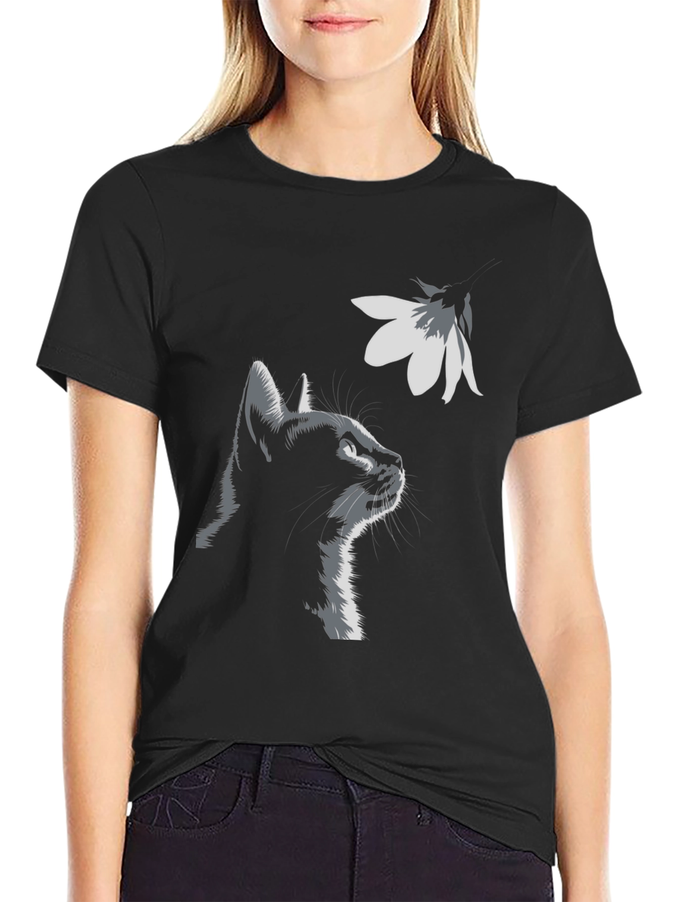Cat & Flower Graphic Tee - Stylish Black T-Shirt