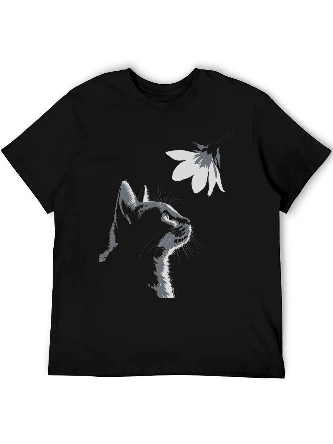Cat & Flower Graphic Tee - Stylish Black T-Shirt