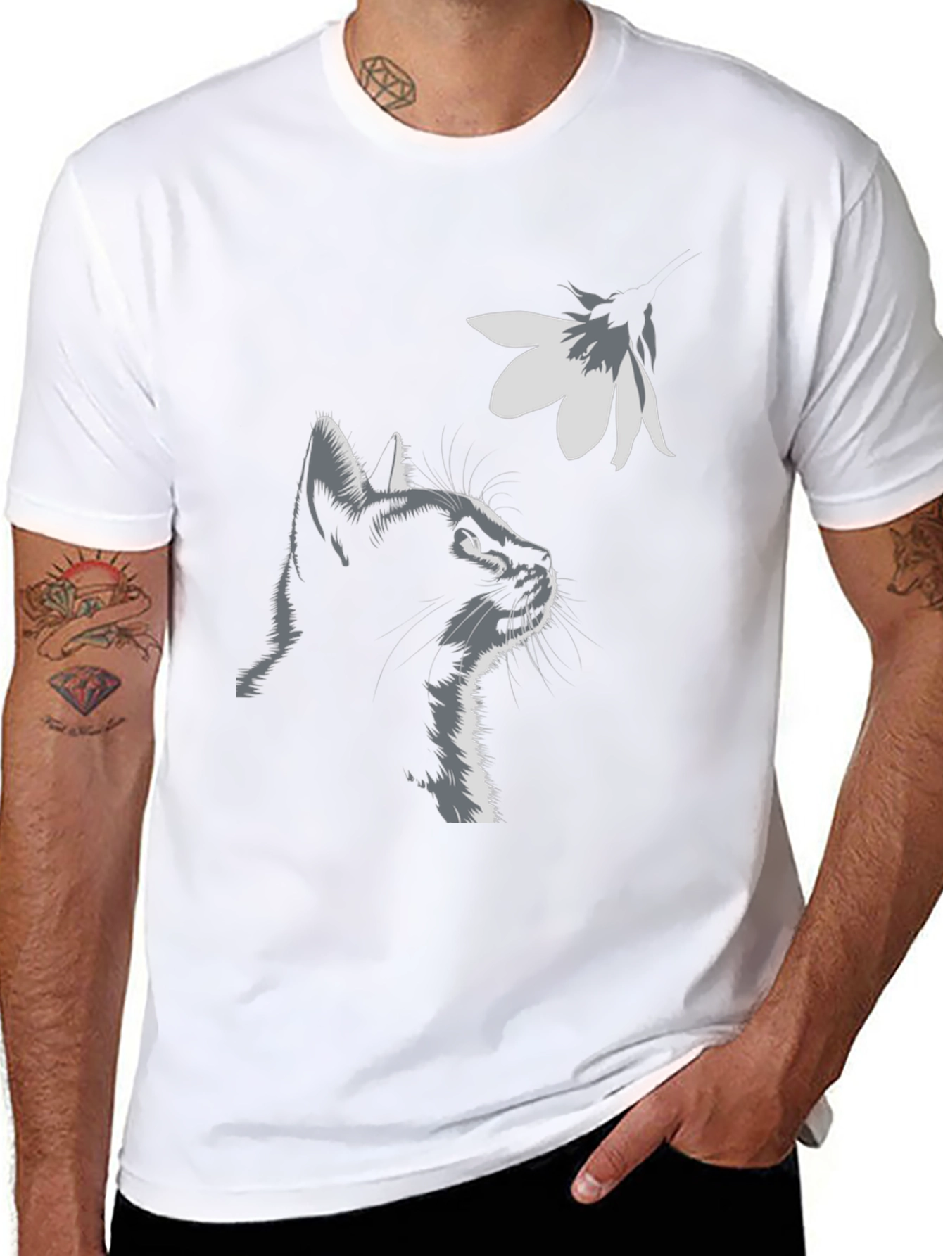 Cat & Flower Graphic Tee - Stylish Black T-Shirt