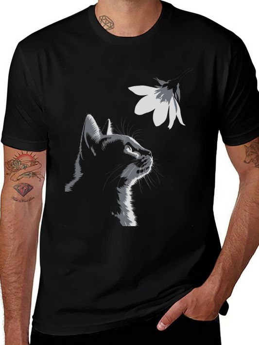 Cat & Flower Graphic Tee - Stylish Black T-Shirt