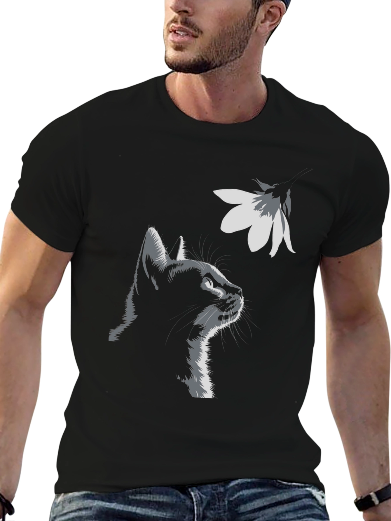 Cat & Flower Graphic Tee - Stylish Black T-Shirt