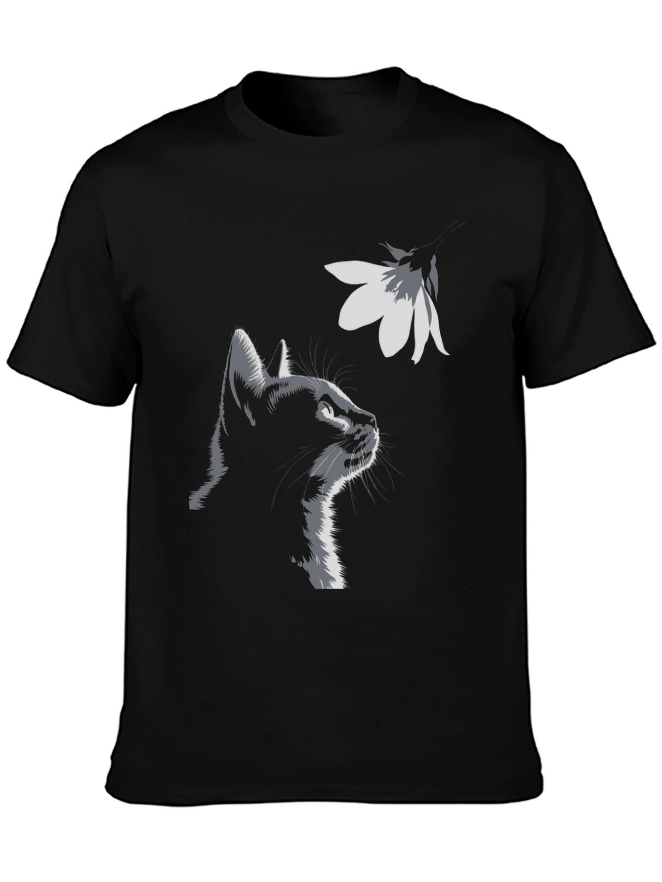 Cat & Flower Graphic Tee - Stylish Black T-Shirt