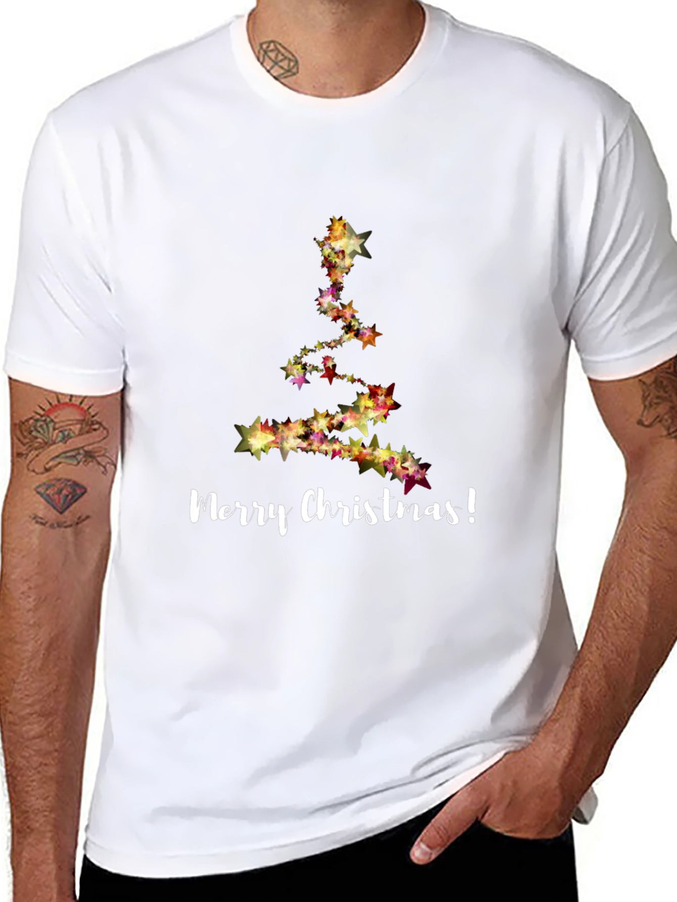Merry Christmas Star Tree Black T-Shirt