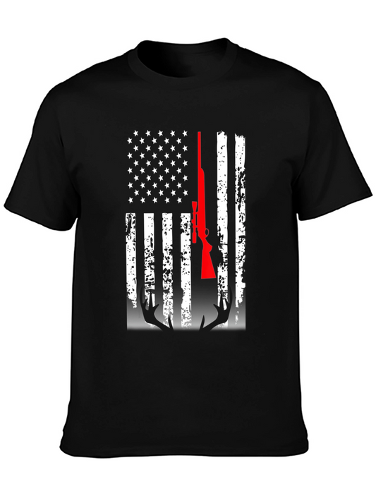 Hunting Pride Tee - USA Flag Rifle Deer Antler Graphic