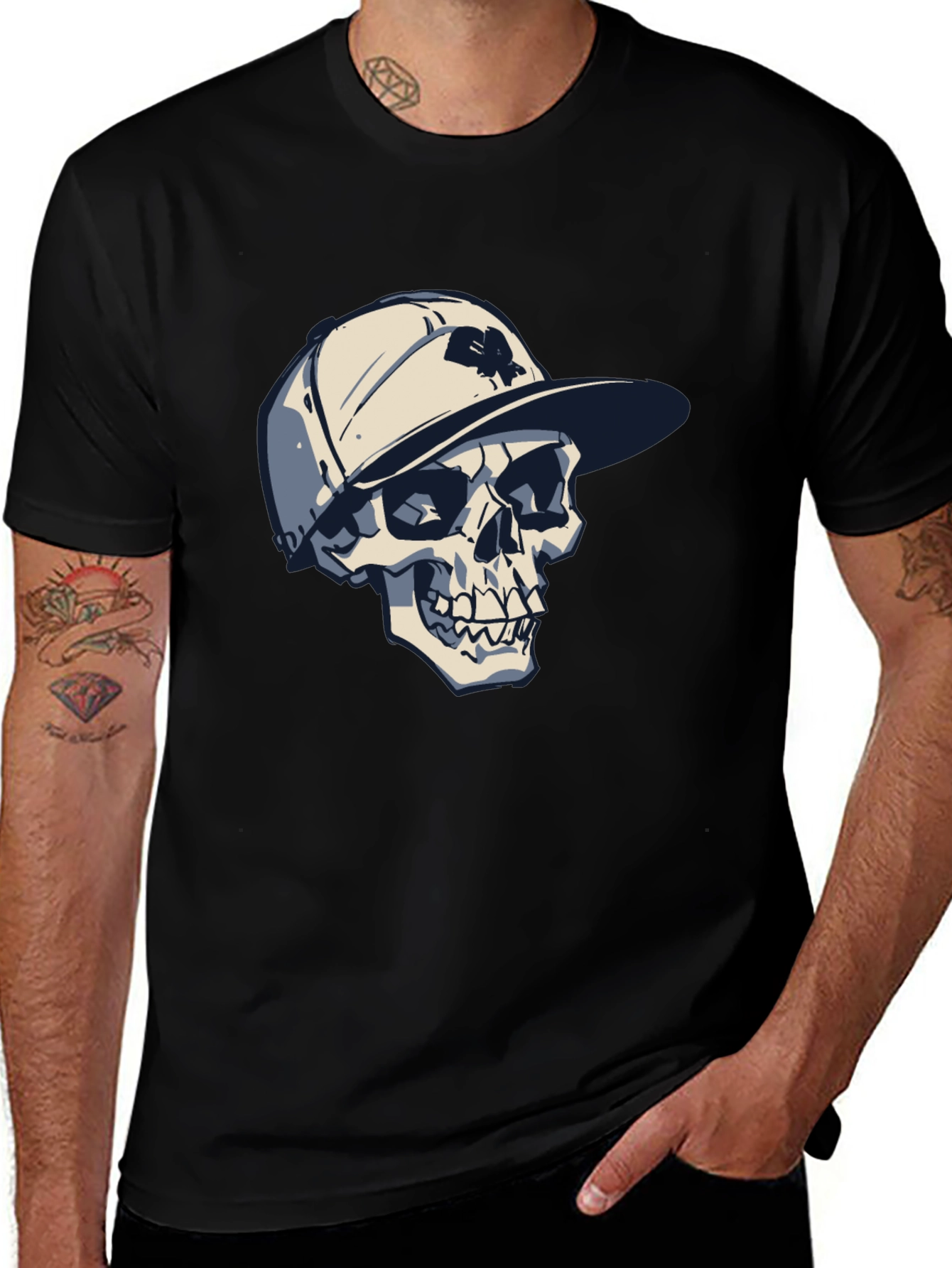 Skull in Cap Graphic Tee - Cool Black T-Shirt