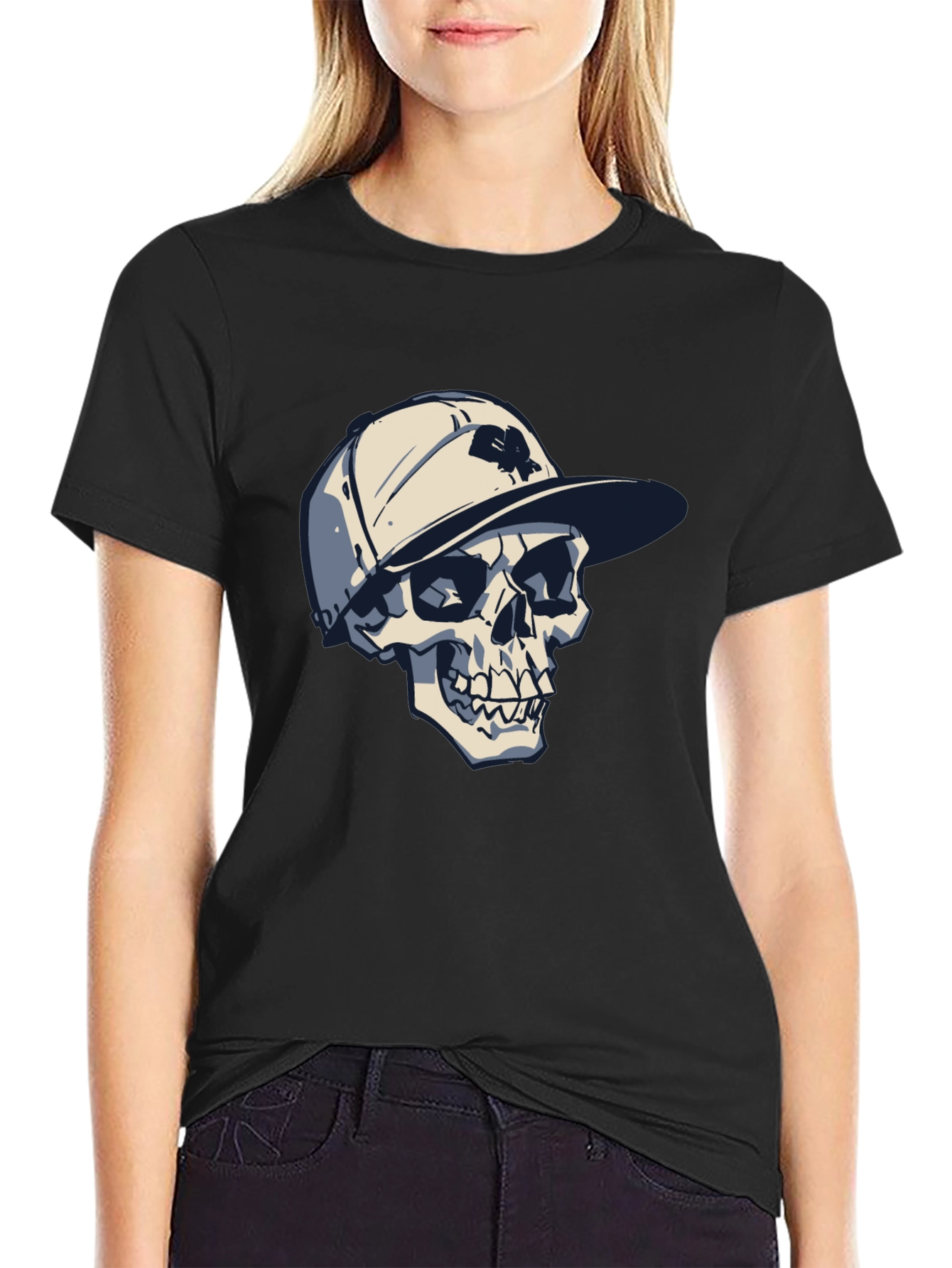 Skull in Cap Graphic Tee - Cool Black T-Shirt