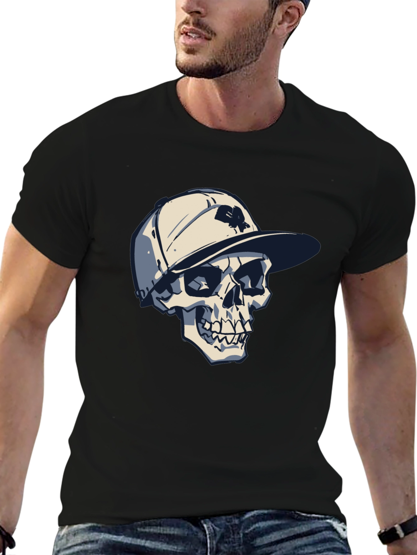 Skull in Cap Graphic Tee - Cool Black T-Shirt