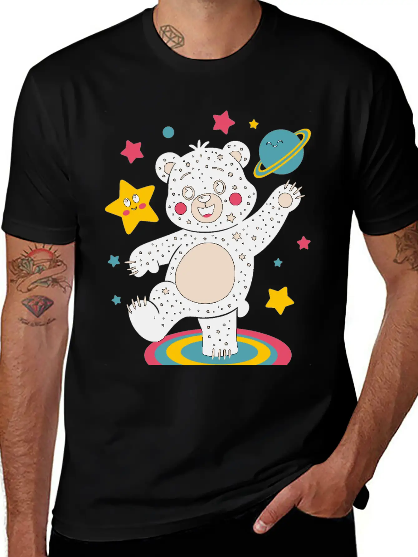 Galaxy Dancing Bear Cute Happy Unisex Short Sleeve Soft Cotton T-Shirt – Casual Everyday Wear