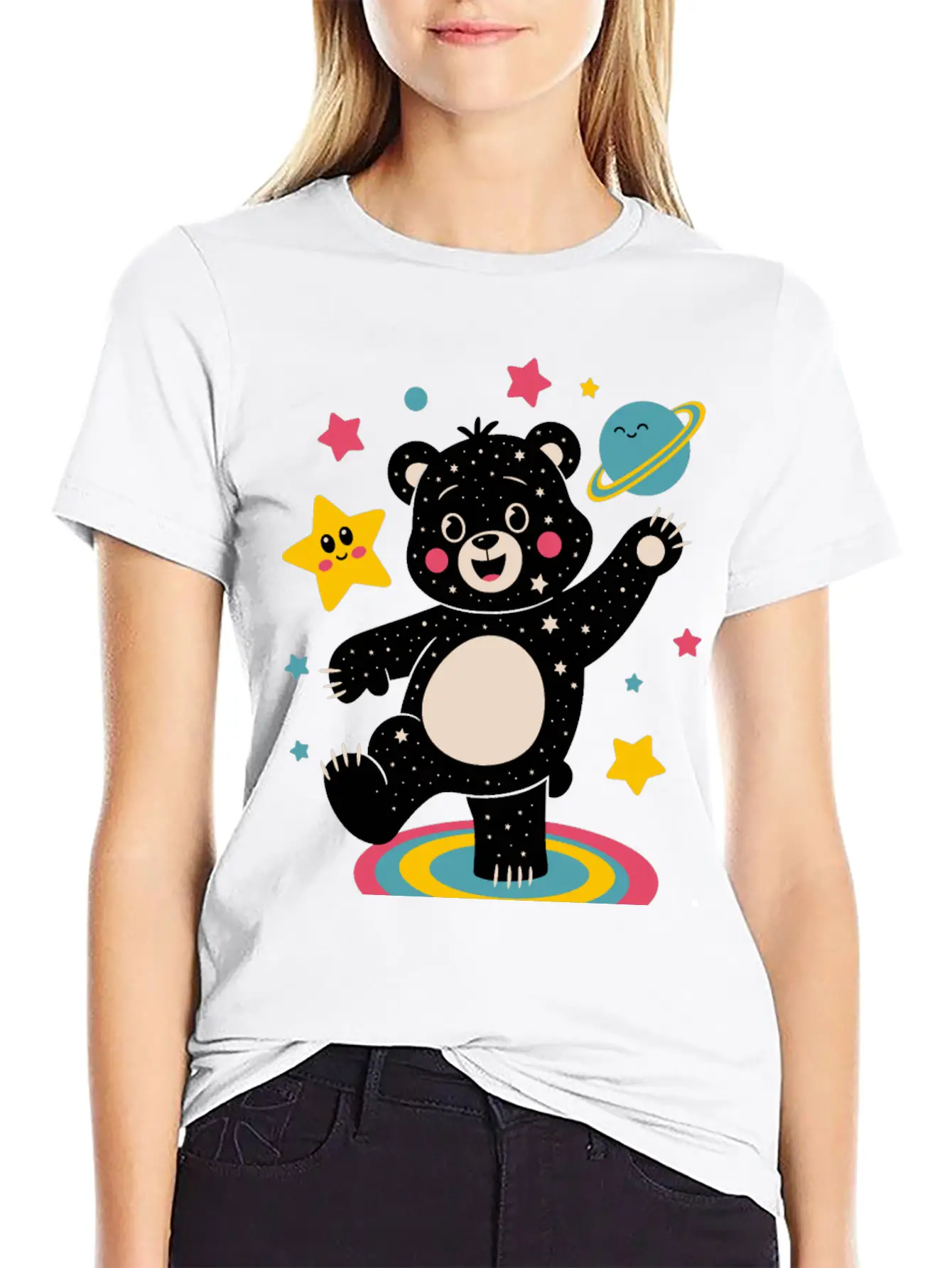 Galaxy Dancing Bear Cute Happy Unisex Short Sleeve Soft Cotton T-Shirt – Casual Everyday Wear