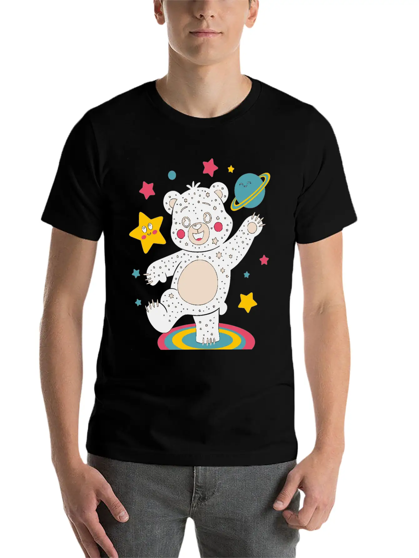 Galaxy Dancing Bear Cute Happy Unisex Short Sleeve Soft Cotton T-Shirt – Casual Everyday Wear