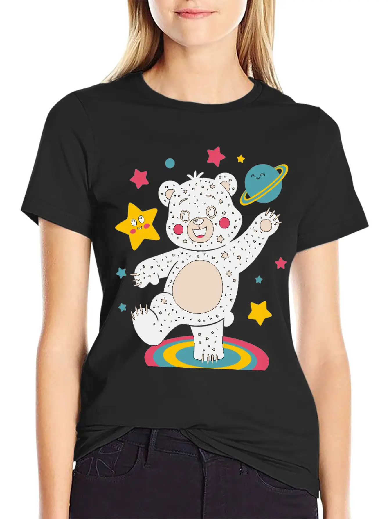 Galaxy Dancing Bear Cute Happy Unisex Short Sleeve Soft Cotton T-Shirt – Casual Everyday Wear