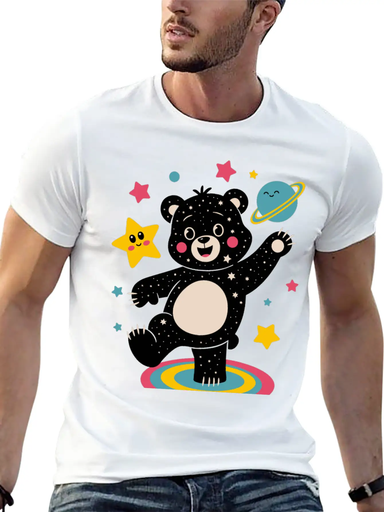 Galaxy Dancing Bear Cute Happy Unisex Short Sleeve Soft Cotton T-Shirt – Casual Everyday Wear