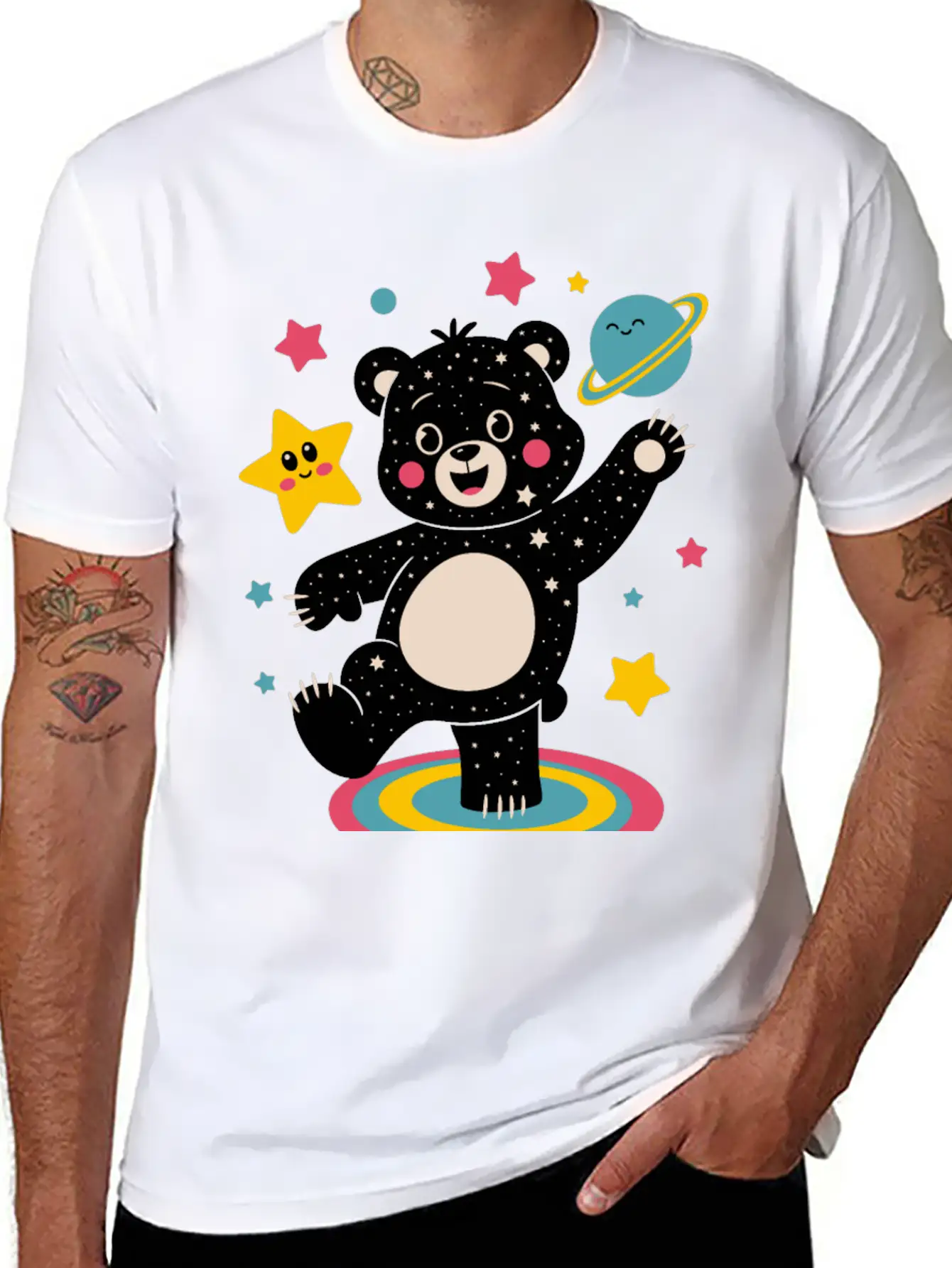 Galaxy Dancing Bear Cute Happy Unisex Short Sleeve Soft Cotton T-Shirt – Casual Everyday Wear