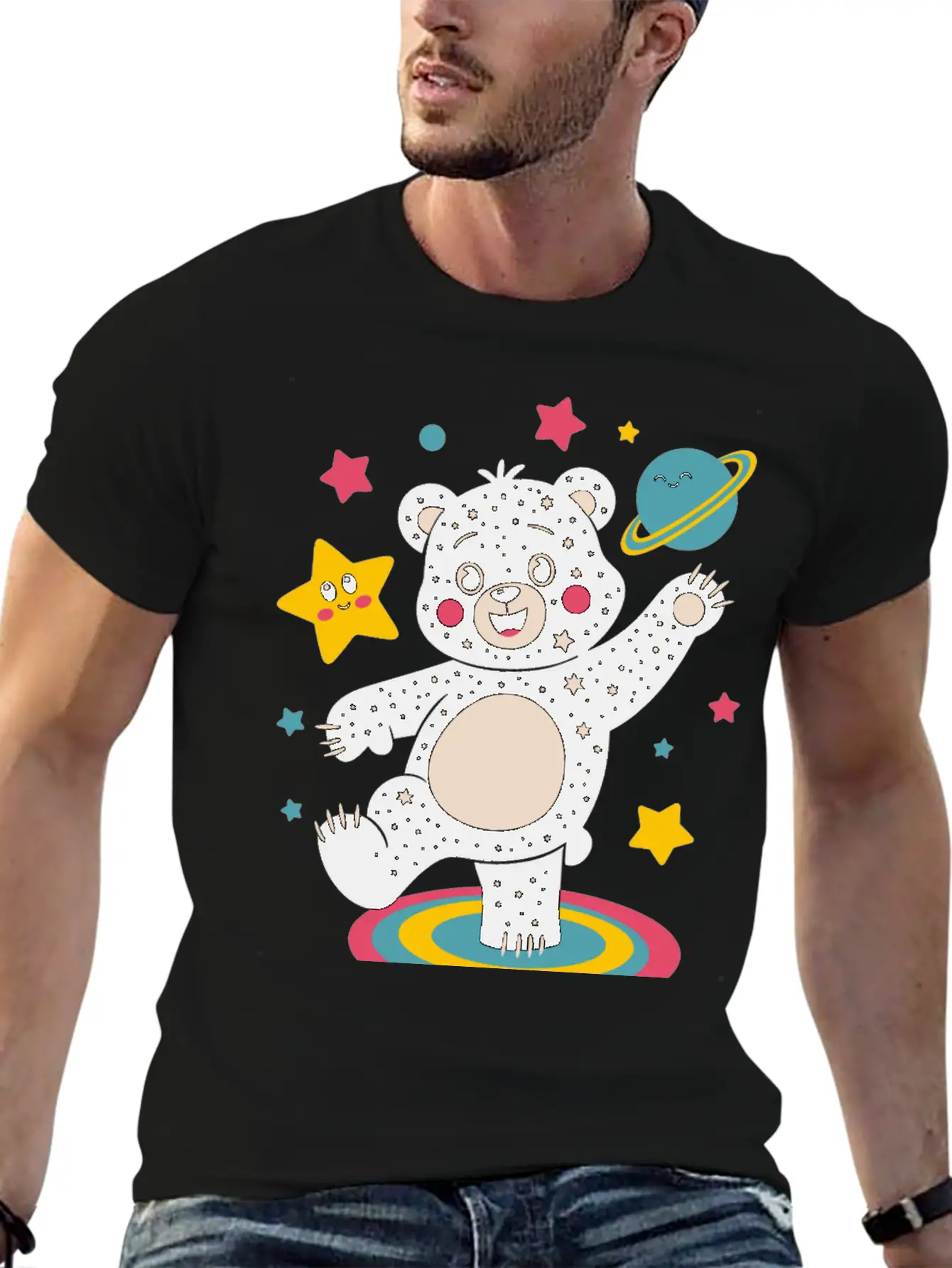 Galaxy Dancing Bear Cute Happy Unisex Short Sleeve Soft Cotton T-Shirt – Casual Everyday Wear