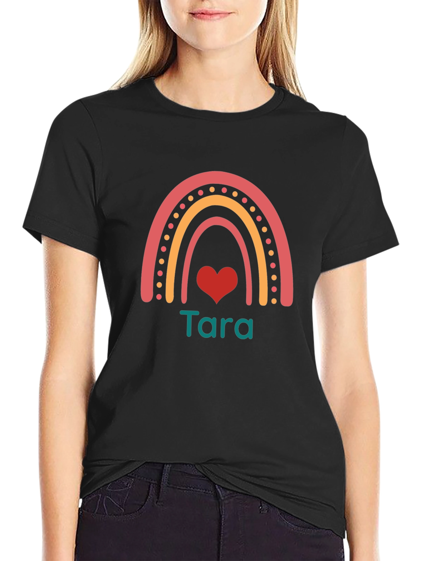 Tara Rainbow Heart Black T-Shirt