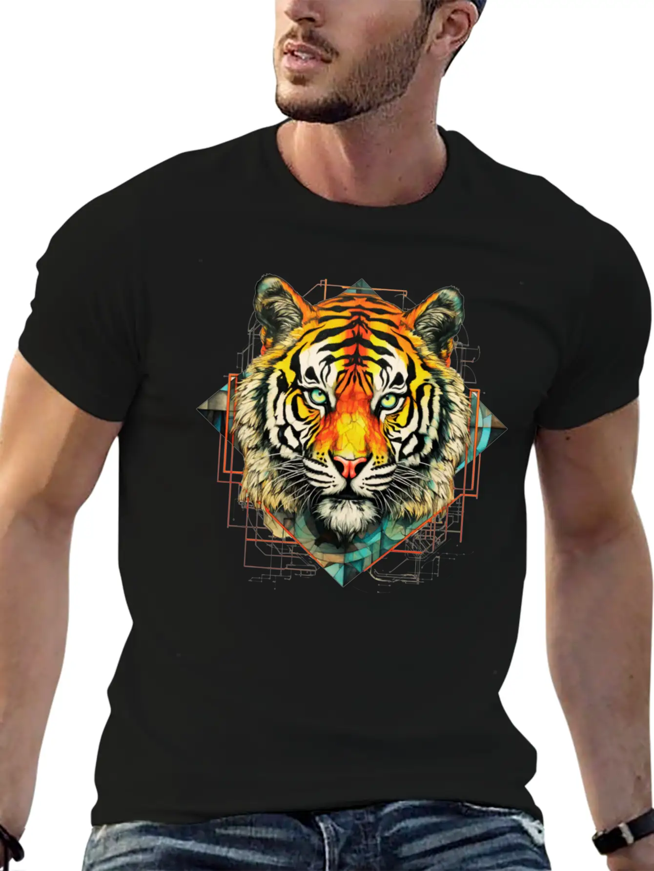 Geometric Tiger Unisex Short Sleeve Soft Cotton T-Shirt – Casual Everyday Wear