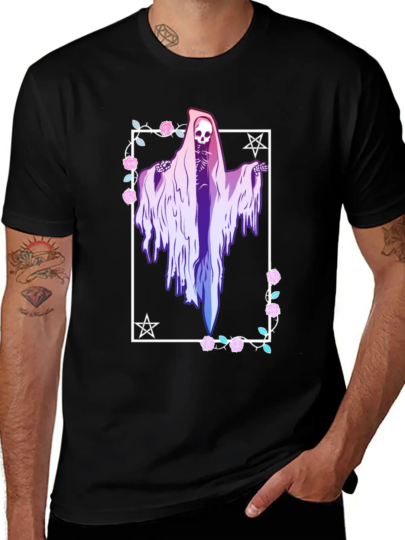 Ghost And Roses Wiccan Kawaii Pastel Goth Occult E Stylish Everyday T-Shirt – Unisex Basic Cotton Tee