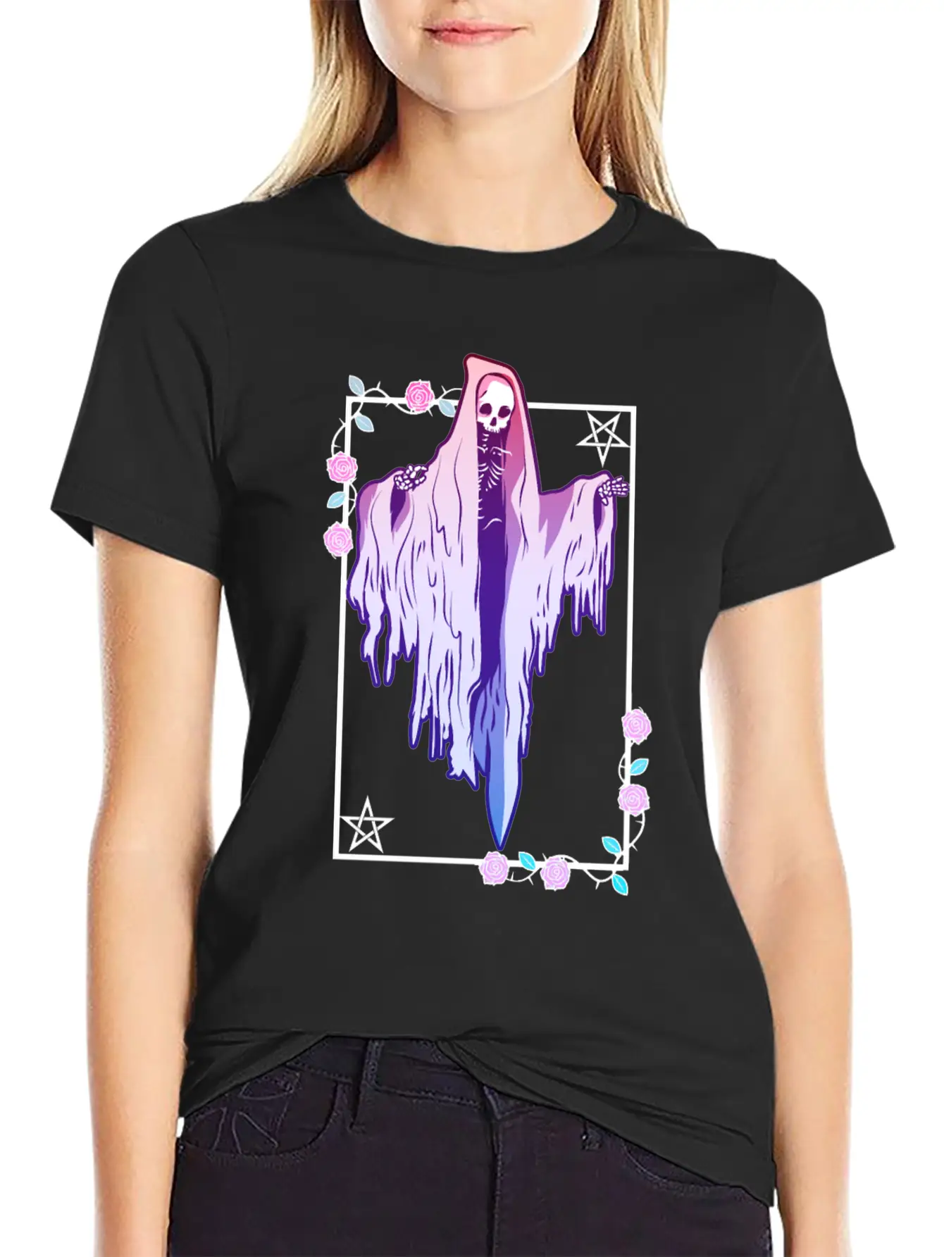Ghost And Roses Wiccan Kawaii Pastel Goth Occult E Stylish Everyday T-Shirt – Unisex Basic Cotton Tee