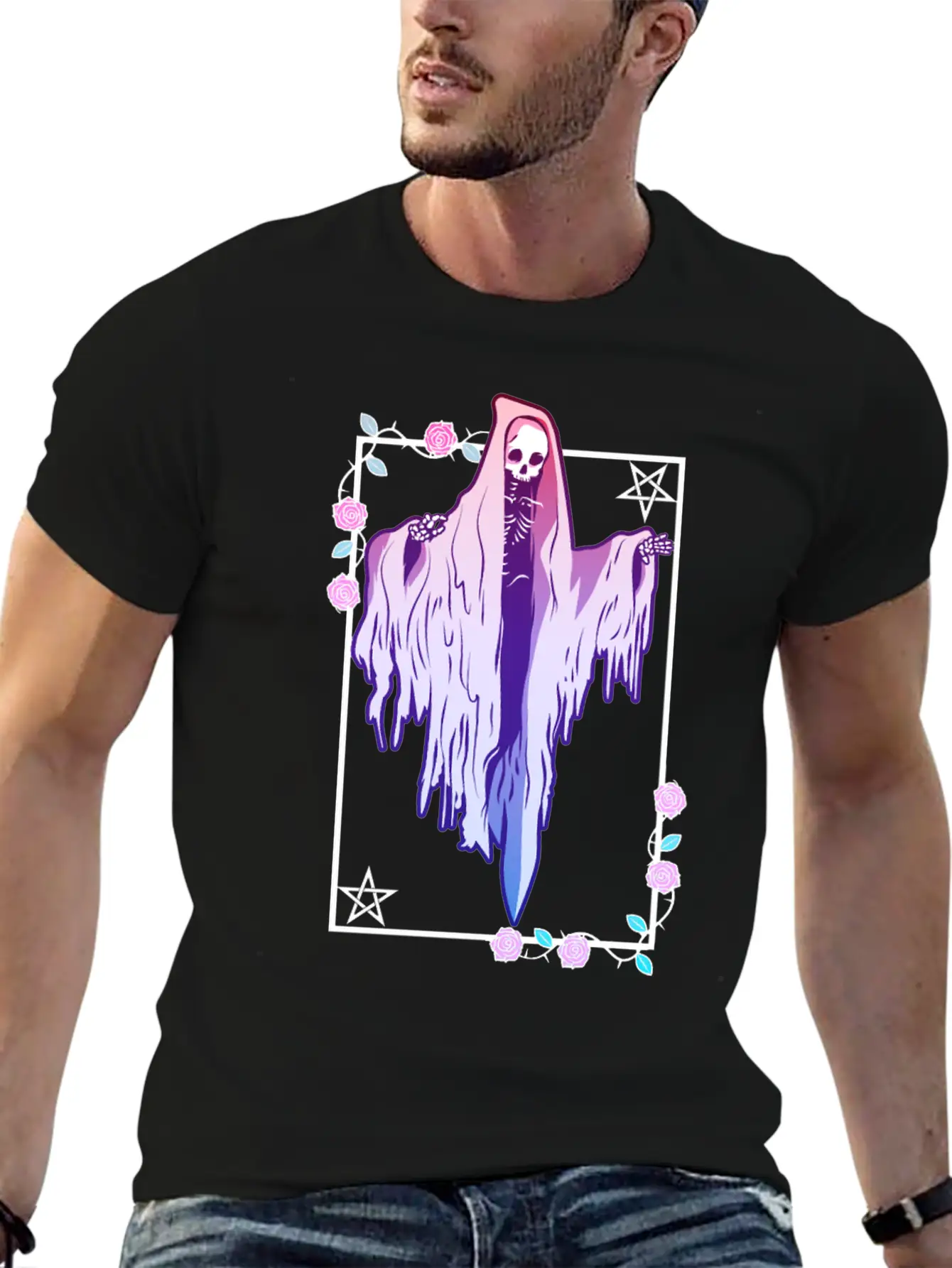 Ghost And Roses Wiccan Kawaii Pastel Goth Occult E Stylish Everyday T-Shirt – Unisex Basic Cotton Tee