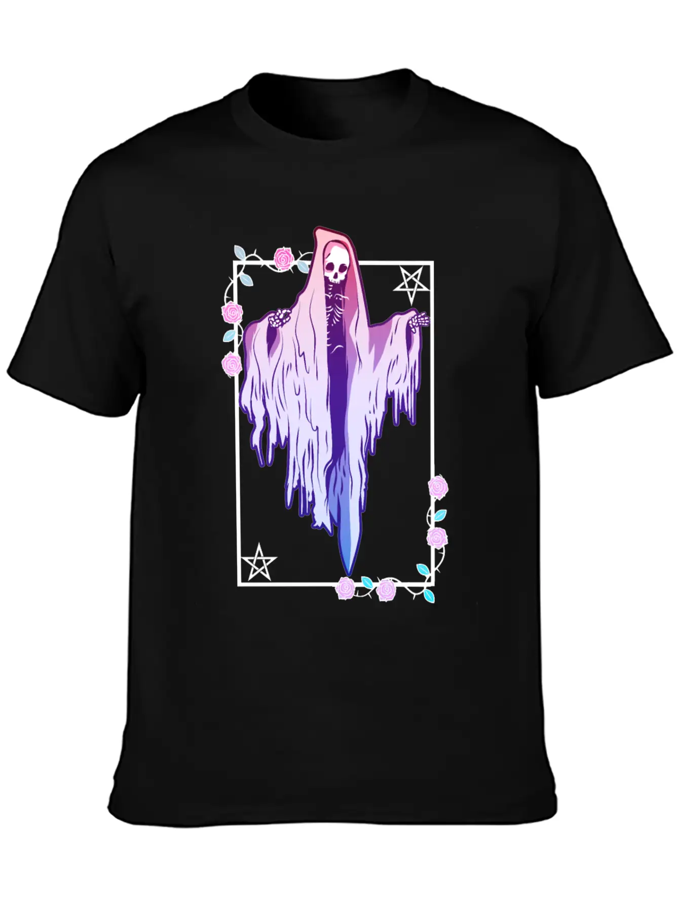 Ghost And Roses Wiccan Kawaii Pastel Goth Occult E Stylish Everyday T-Shirt – Unisex Basic Cotton Tee