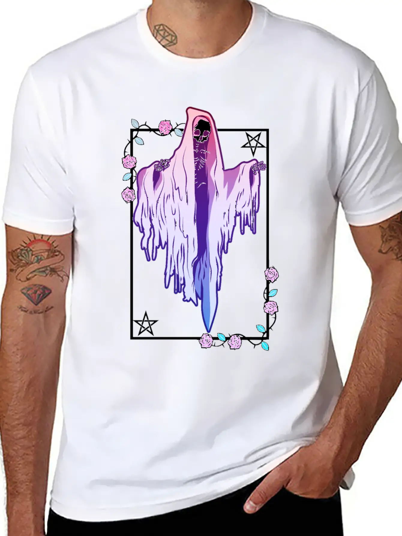 Ghost And Roses Wiccan Kawaii Pastel Goth Occult E Stylish Everyday T-Shirt – Unisex Basic Cotton Tee