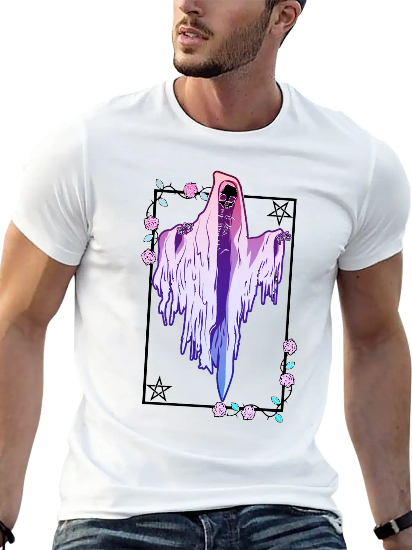 Ghost And Roses Wiccan Kawaii Pastel Goth Occult E Stylish Everyday T-Shirt – Unisex Basic Cotton Tee