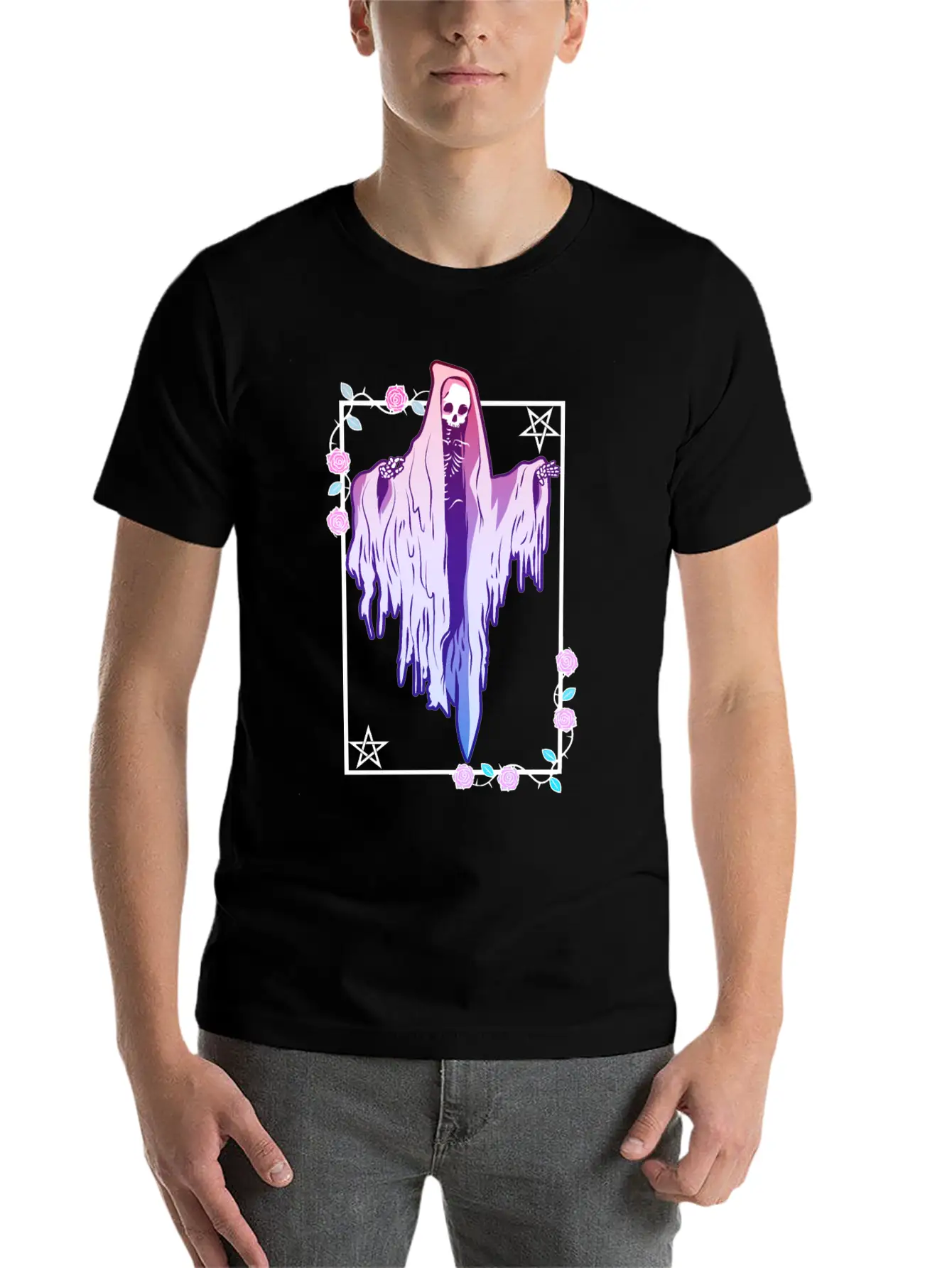 Ghost And Roses Wiccan Kawaii Pastel Goth Occult E Stylish Everyday T-Shirt – Unisex Basic Cotton Tee