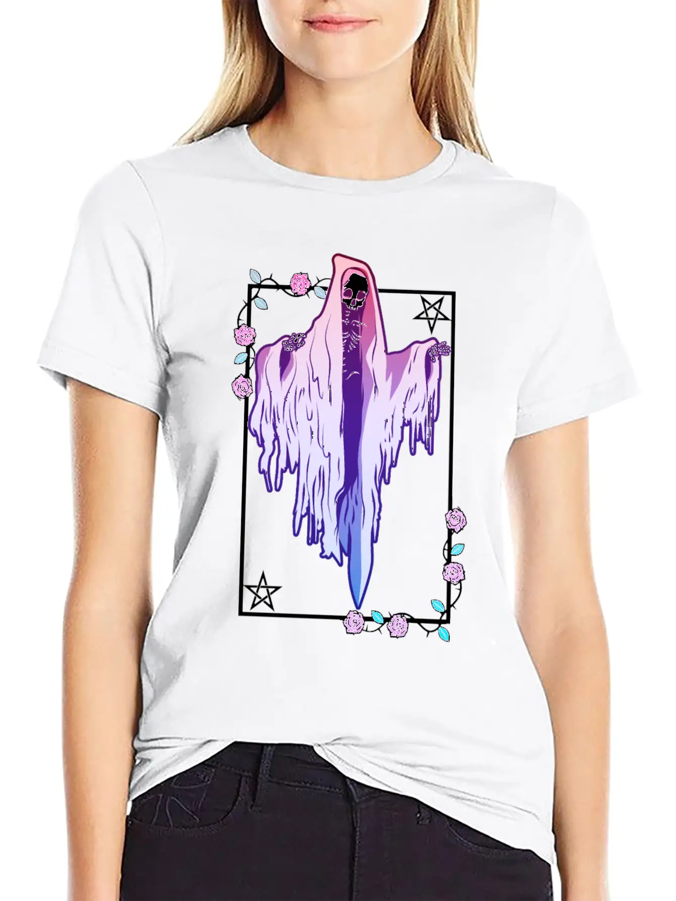 Ghost And Roses Wiccan Kawaii Pastel Goth Occult E Stylish Everyday T-Shirt – Unisex Basic Cotton Tee