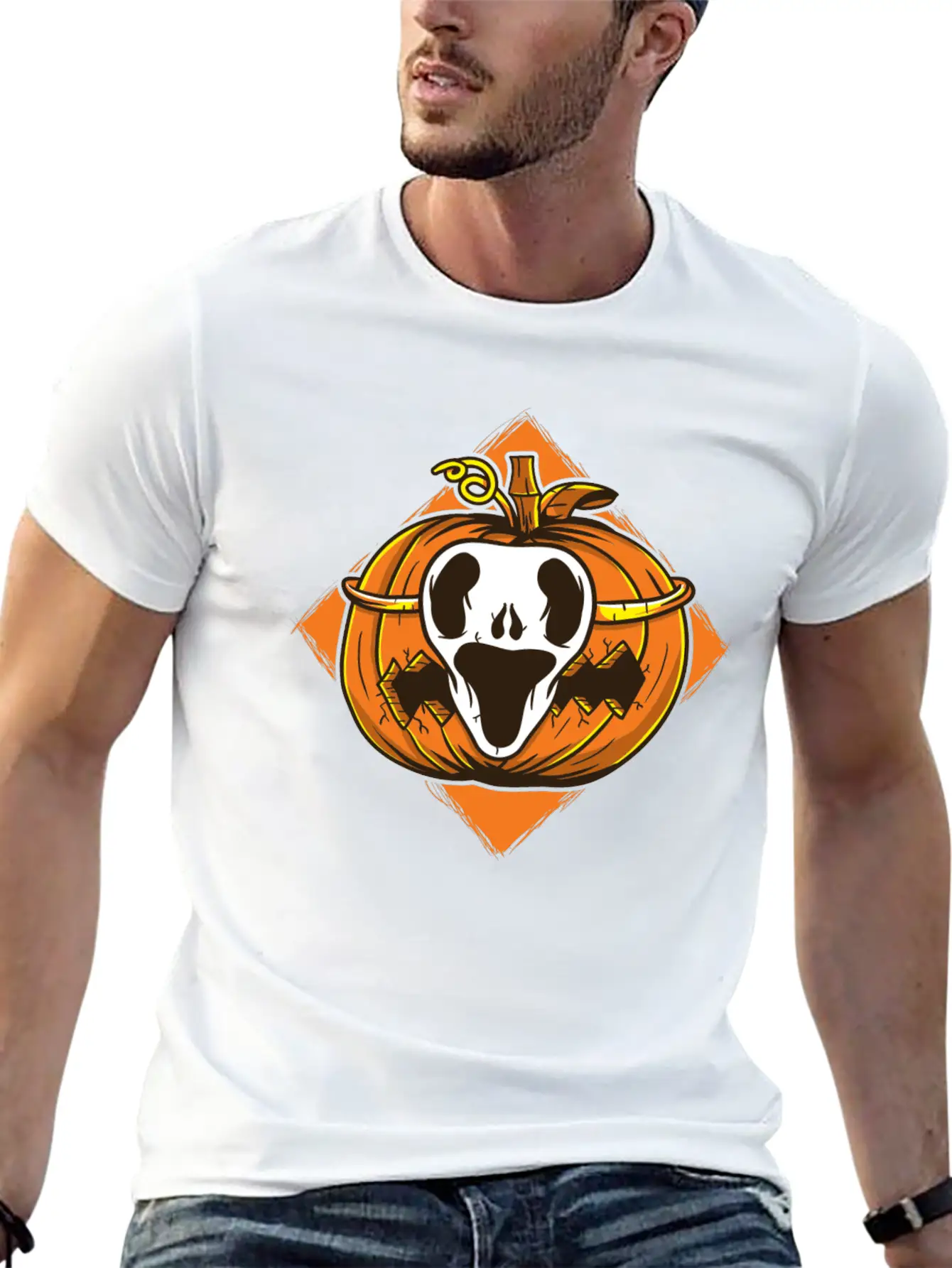 Ghost Mask Halloween Pumpkin Vector Unisex Short Sleeve Soft Cotton T-Shirt – Casual Everyday Wear