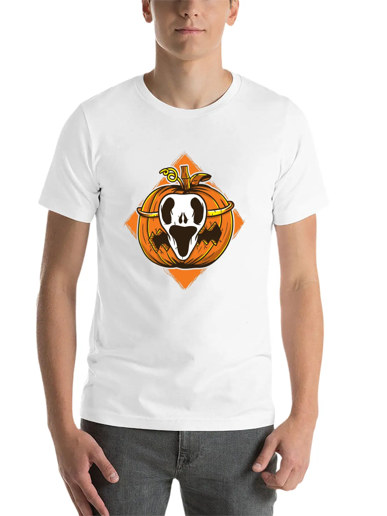 Ghost Mask Halloween Pumpkin Vector Unisex Short Sleeve Soft Cotton T-Shirt – Casual Everyday Wear