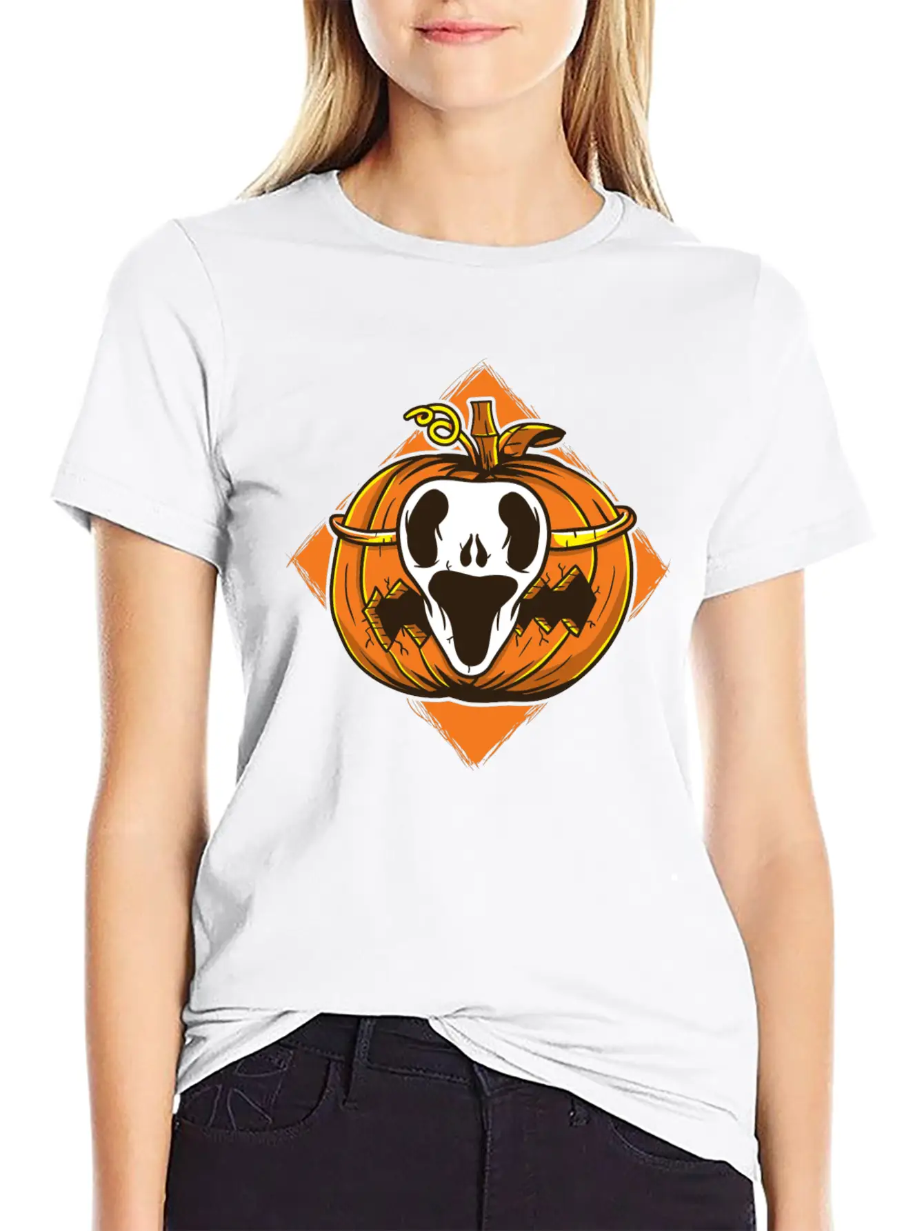 Ghost Mask Halloween Pumpkin Vector Unisex Short Sleeve Soft Cotton T-Shirt – Casual Everyday Wear