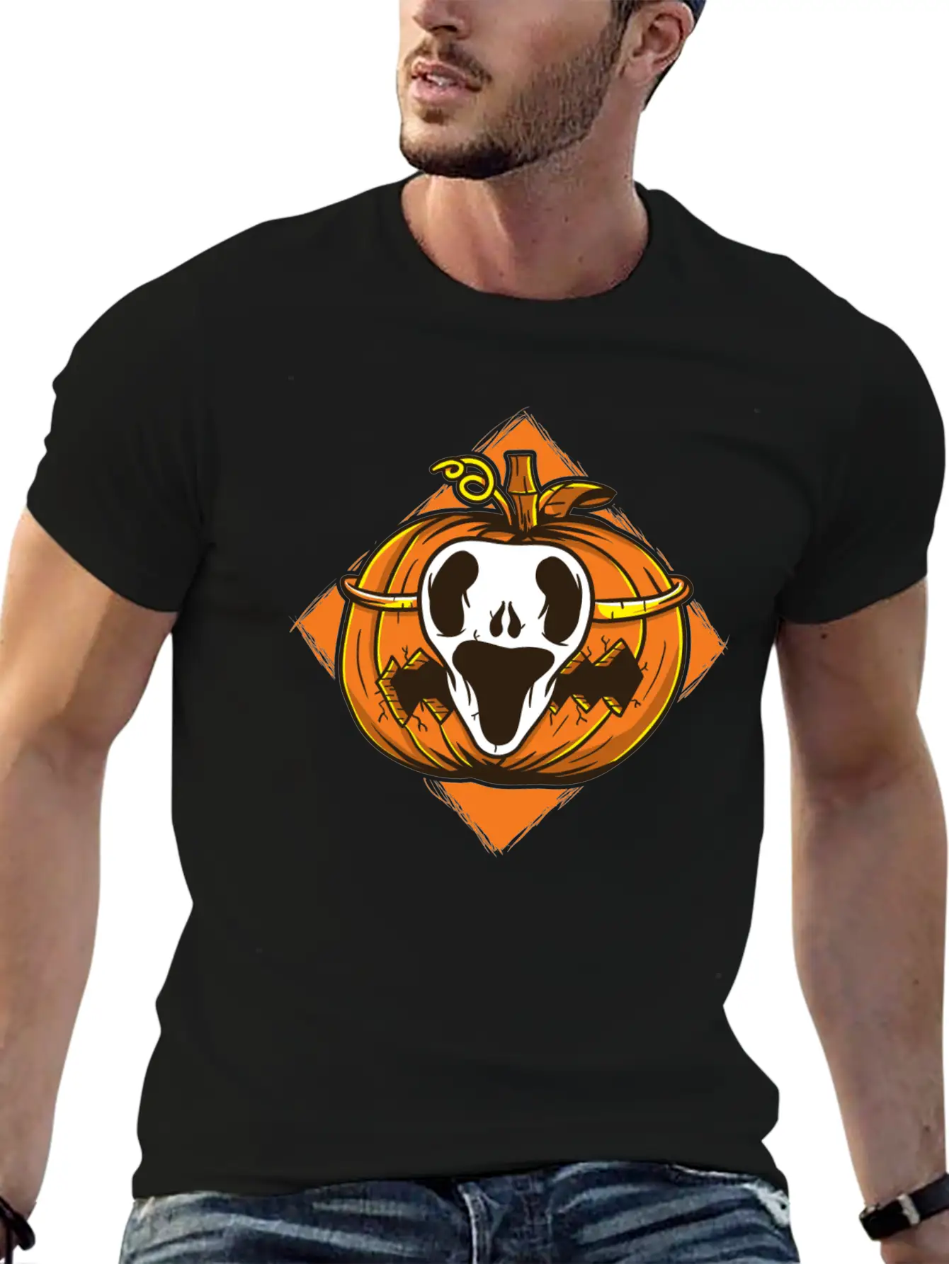 Ghost Mask Halloween Pumpkin Vector Unisex Short Sleeve Soft Cotton T-Shirt – Casual Everyday Wear