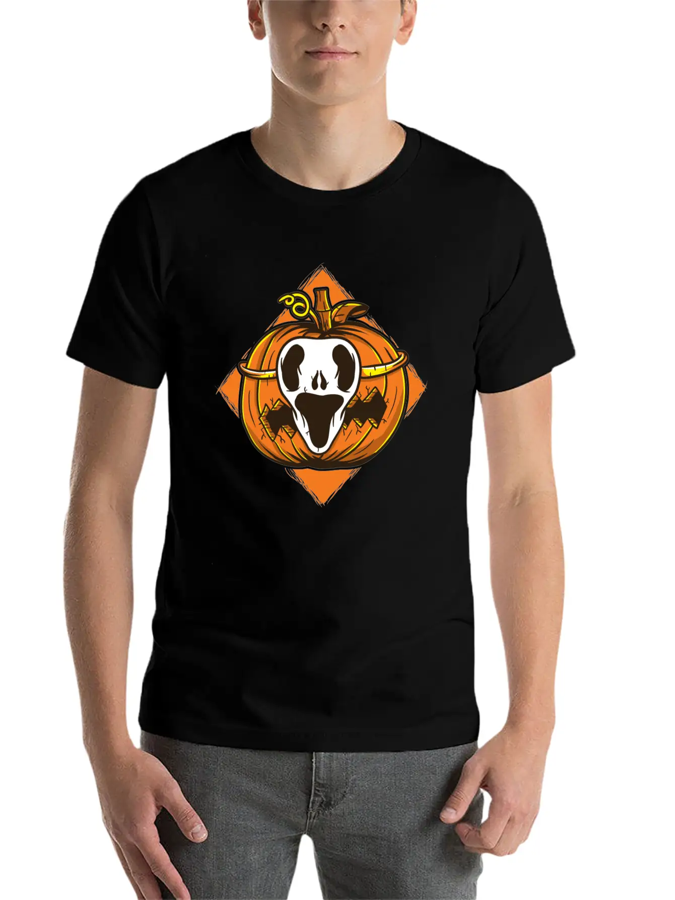 Ghost Mask Halloween Pumpkin Vector Unisex Short Sleeve Soft Cotton T-Shirt – Casual Everyday Wear