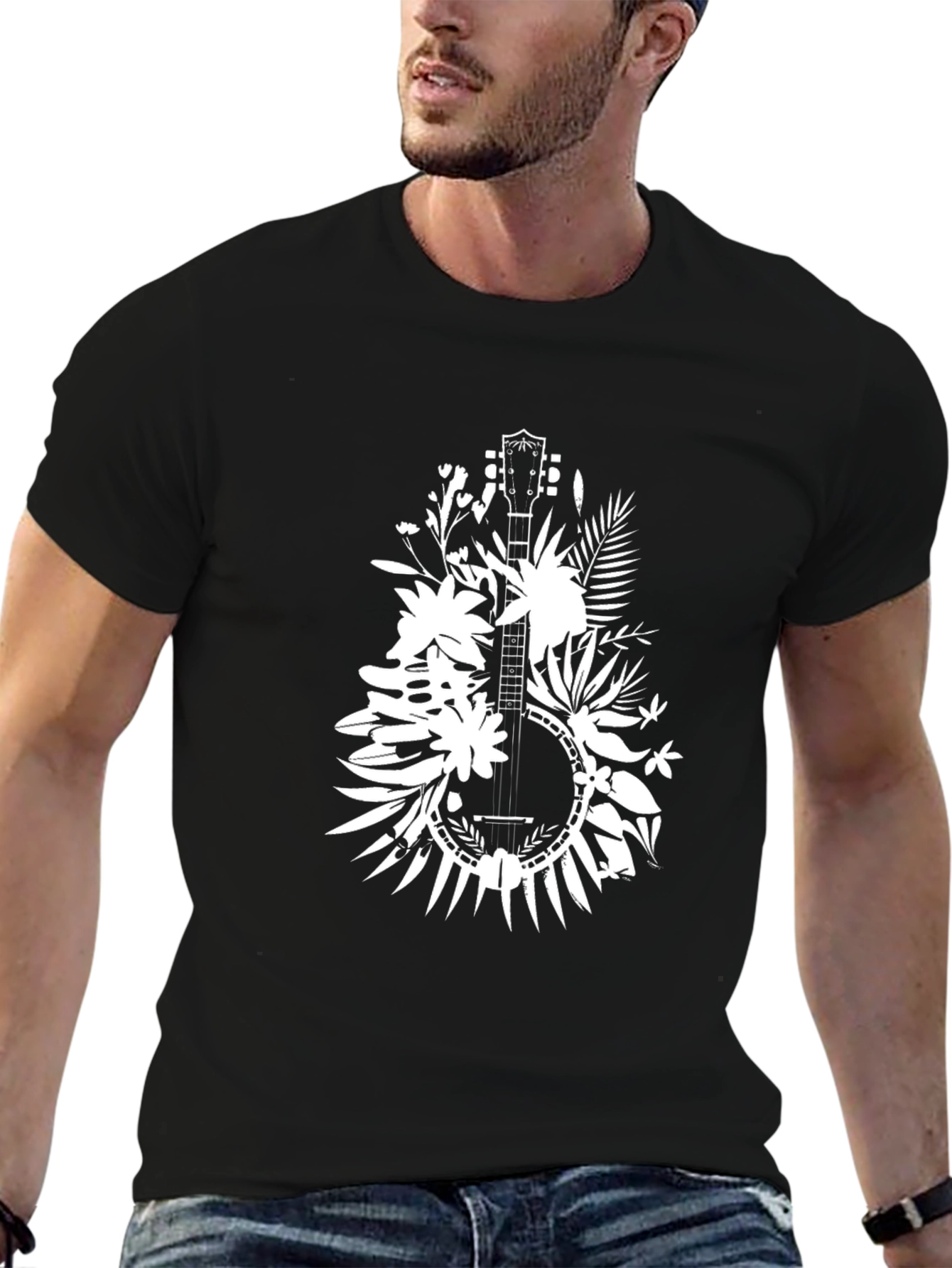 Floral Banjo Graphic Tee - Black Cotton T-Shirt