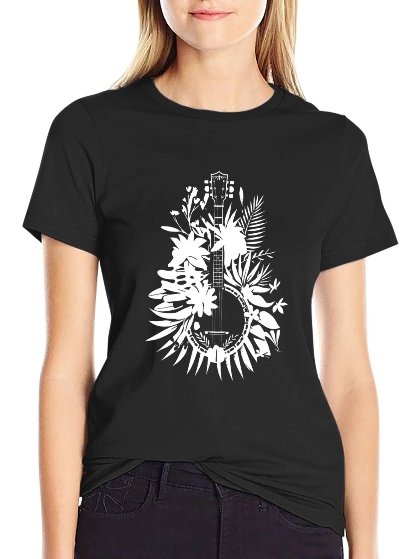 Floral Banjo Graphic Tee - Black Cotton T-Shirt