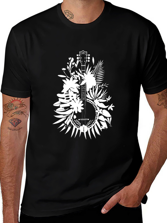 Floral Banjo Graphic Tee - Black Cotton T-Shirt