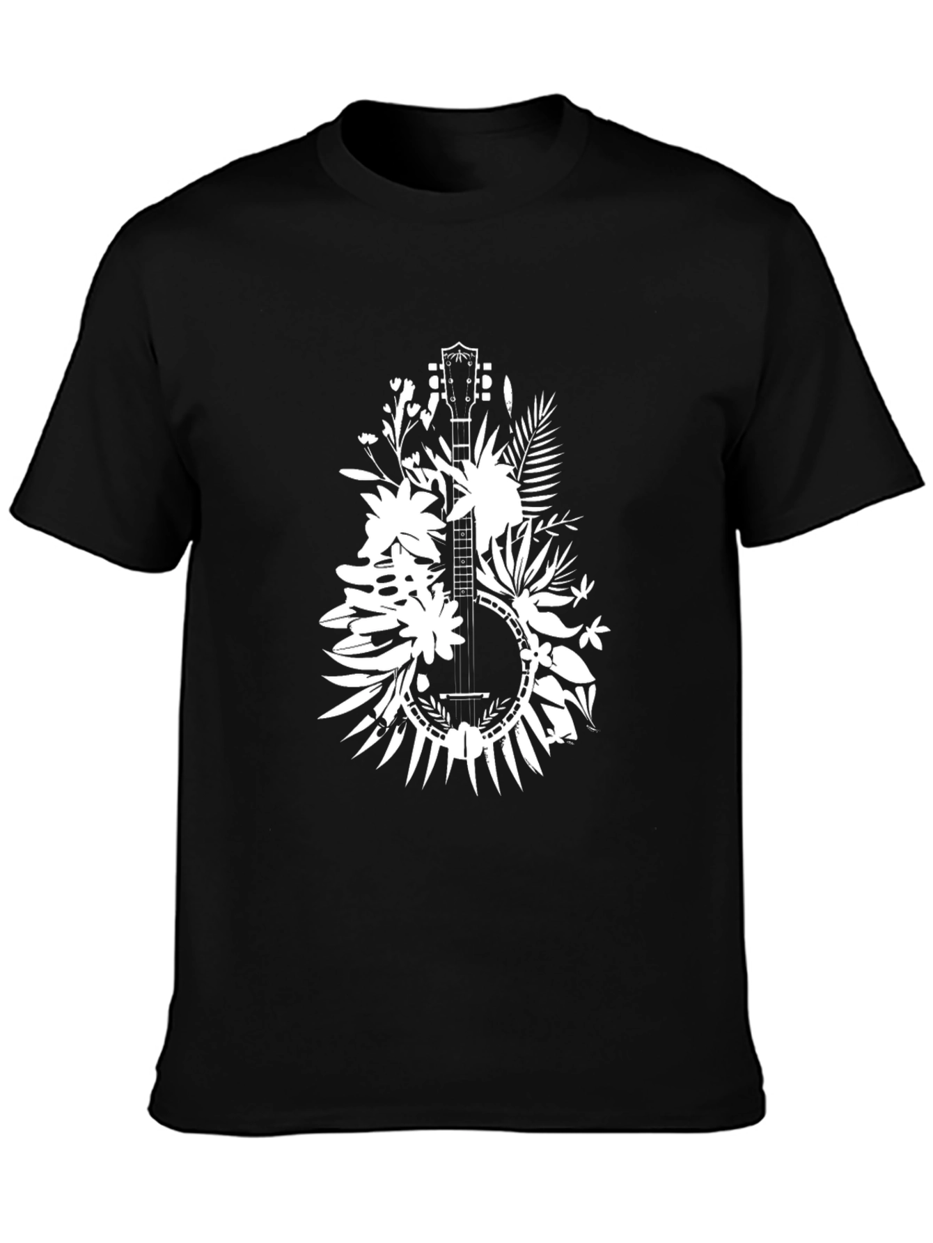 Floral Banjo Graphic Tee - Black Cotton T-Shirt