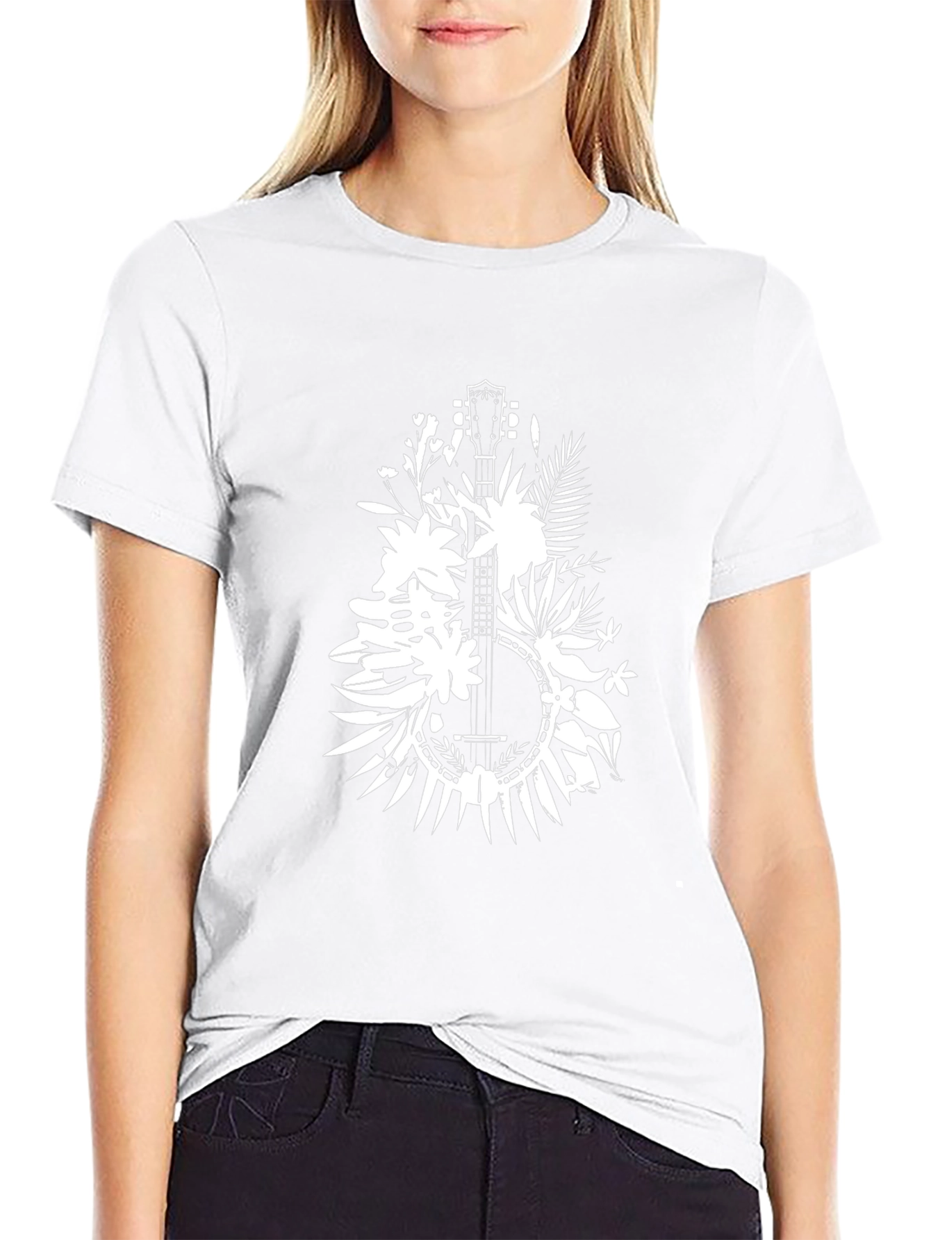 Floral Banjo Graphic Tee - Black Cotton T-Shirt