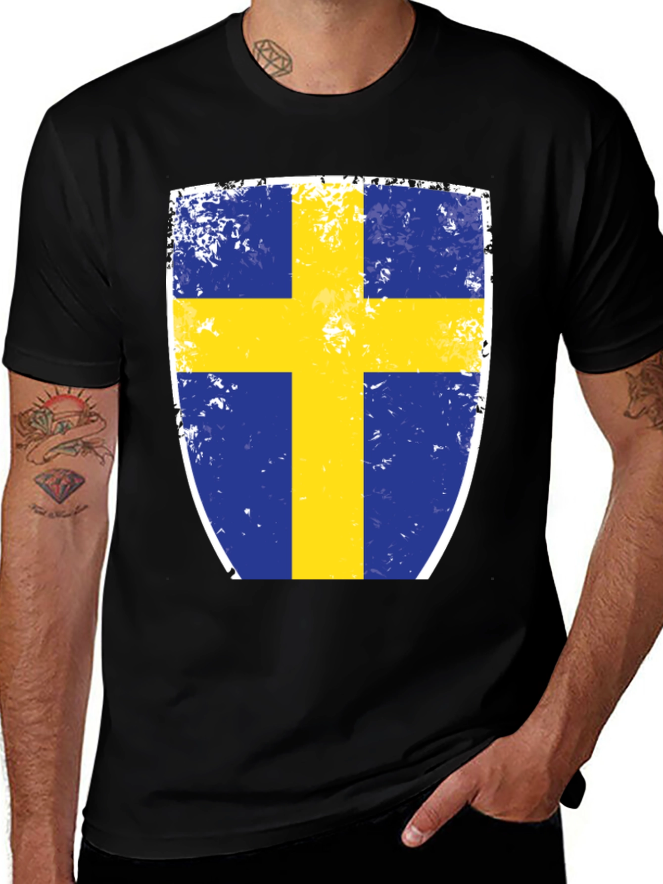 Sweden Flag Shield Graphic Tee - Distressed Look