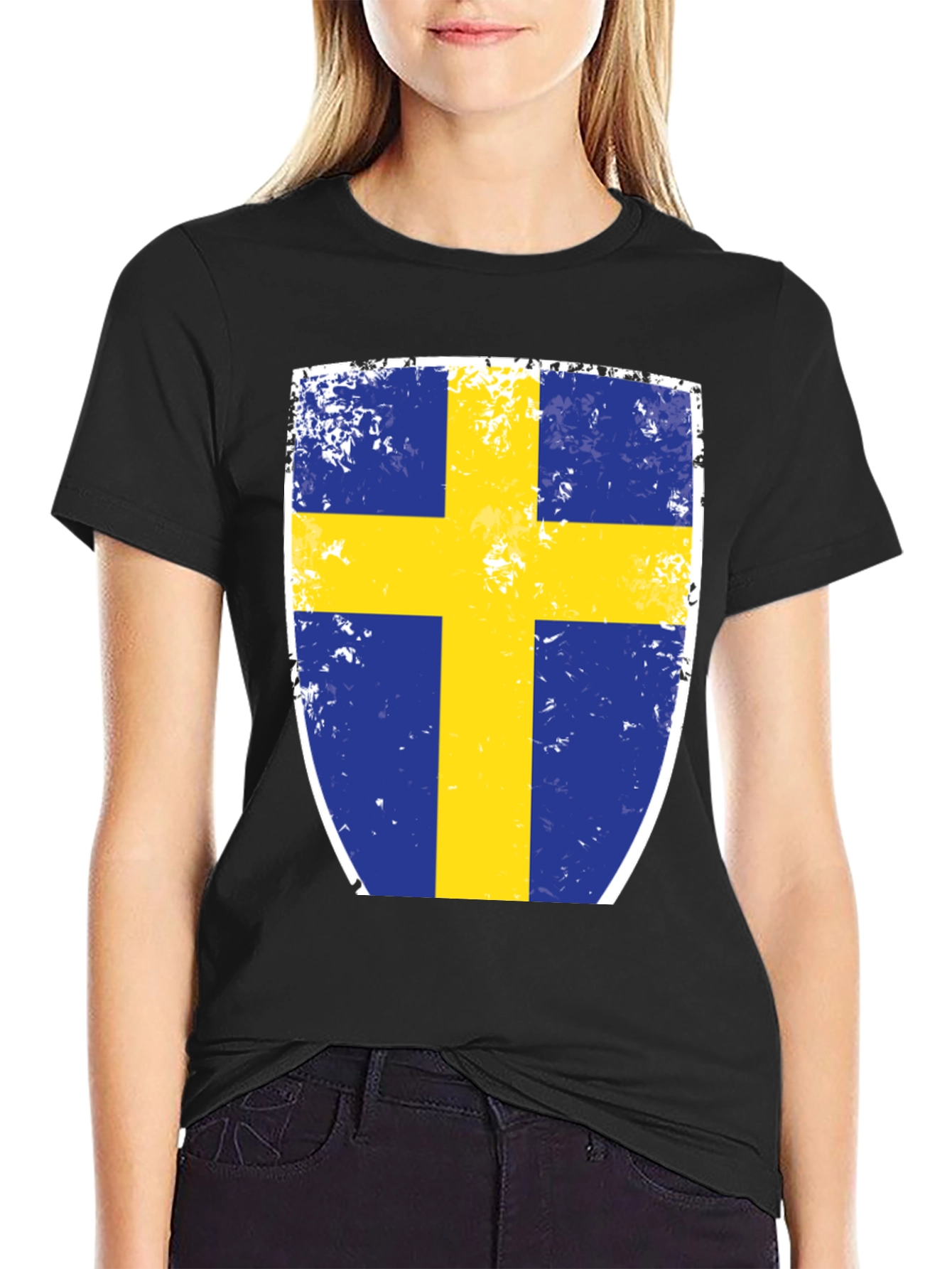 Sweden Flag Shield Graphic Tee - Distressed Look