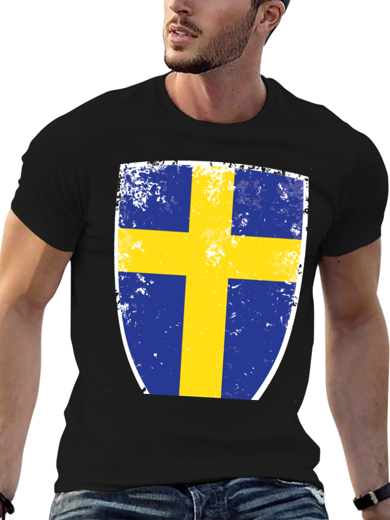 Sweden Flag Shield Graphic Tee - Distressed Look