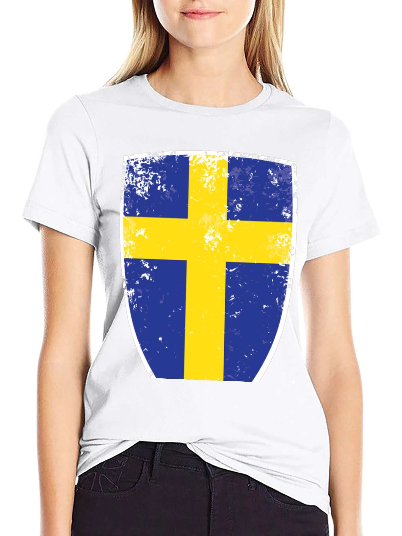 Sweden Flag Shield Graphic Tee - Distressed Look