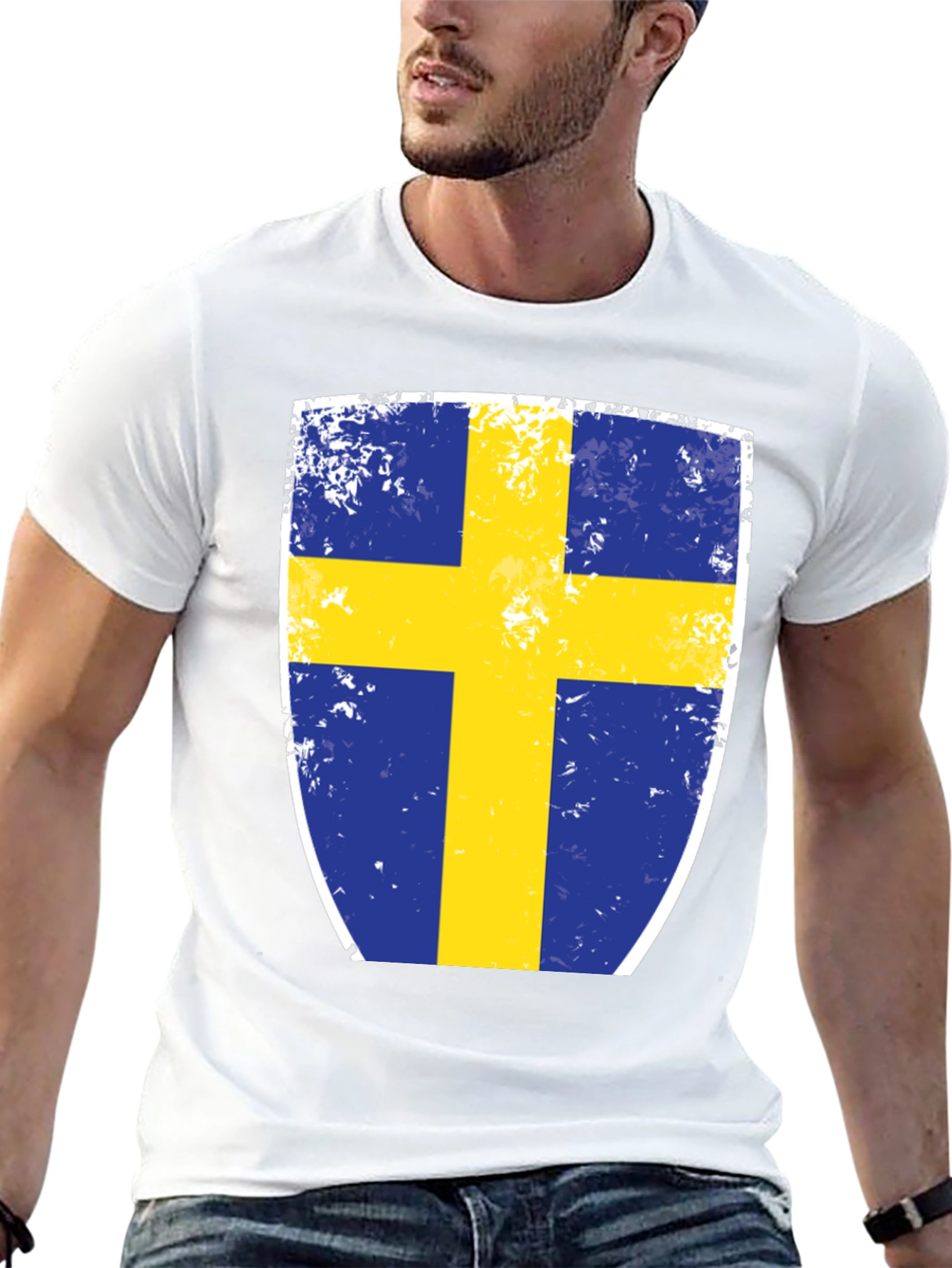 Sweden Flag Shield Graphic Tee - Distressed Look