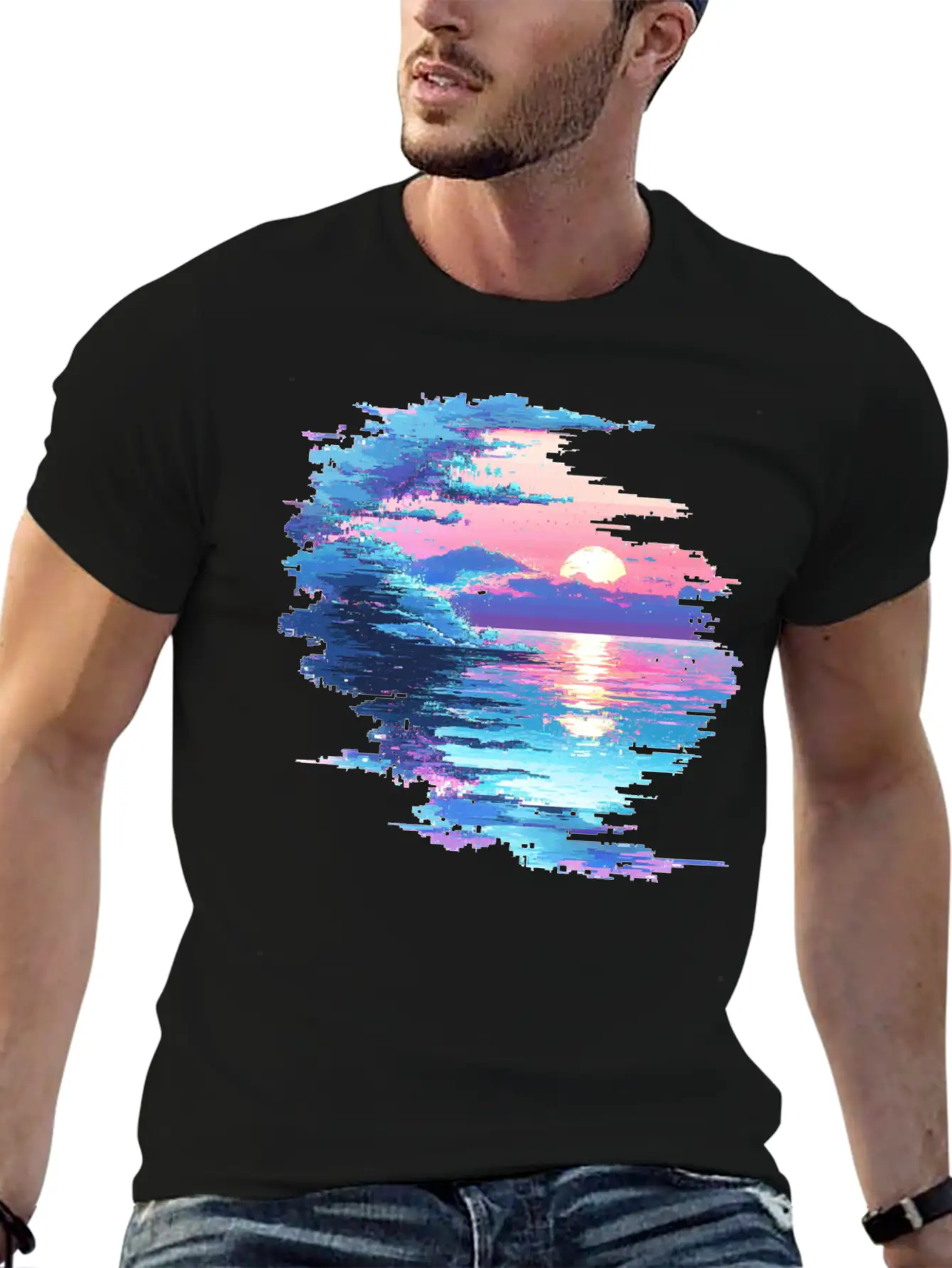 Glitched Ocean Unisex Short Sleeve Soft Cotton T-Shirt – Casual Everyday Wear