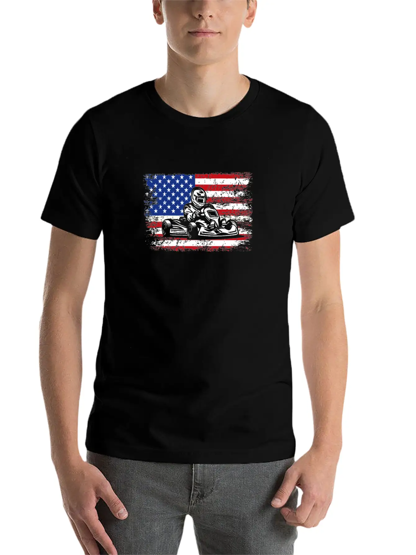 Go-kart American Flag Go Kart Racing Stylish Everyday T-Shirt – Unisex Basic Cotton Tee