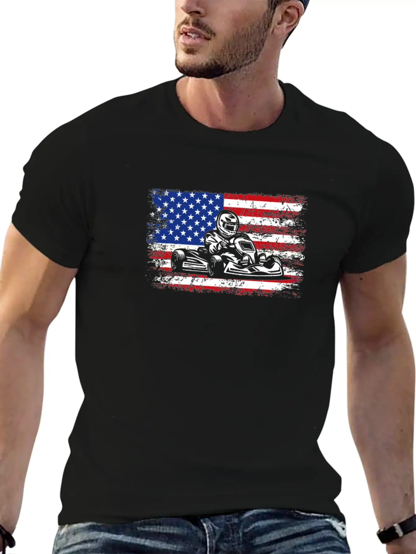 Go-kart American Flag Go Kart Racing Stylish Everyday T-Shirt – Unisex Basic Cotton Tee