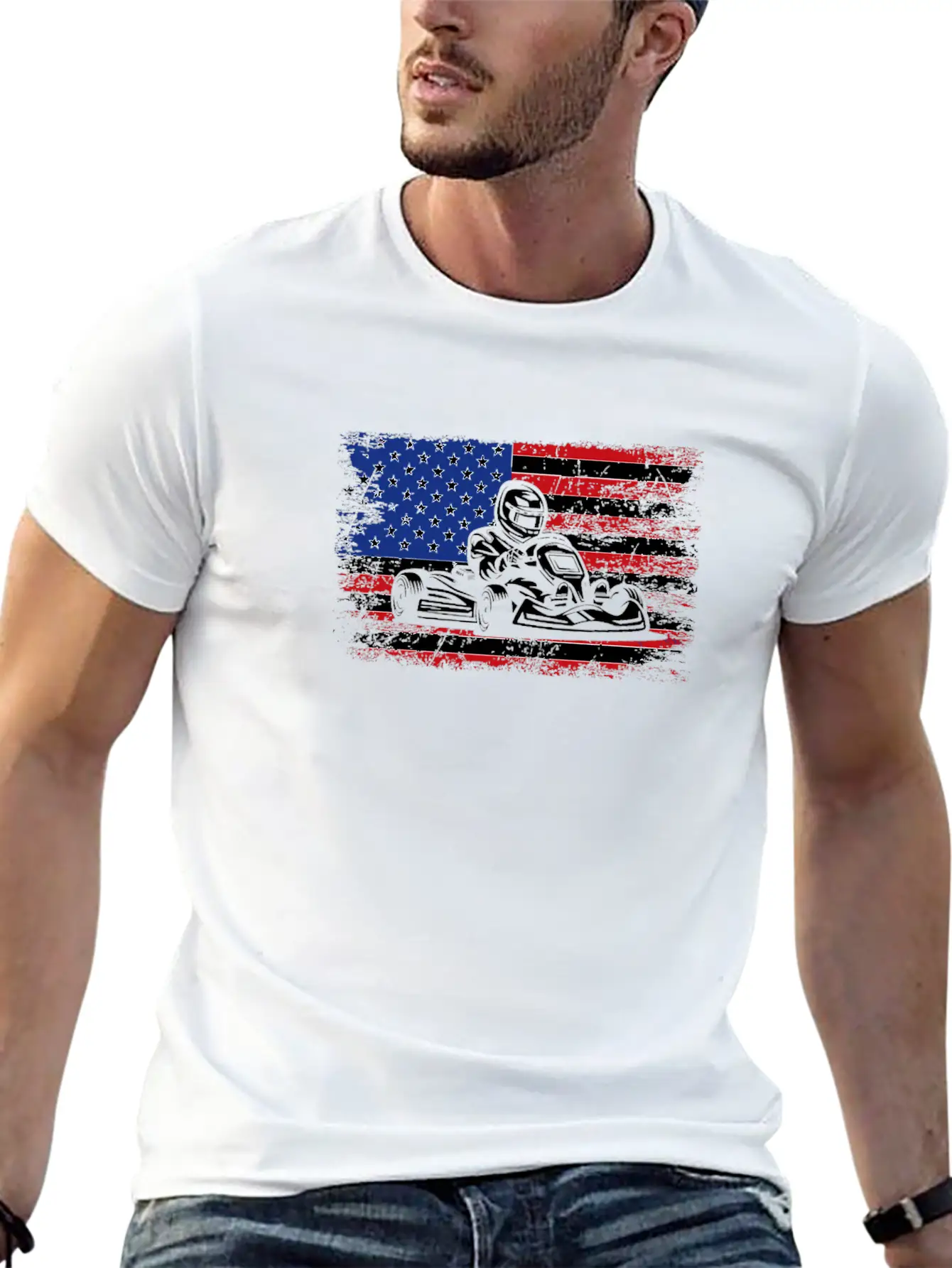 Go-kart American Flag Go Kart Racing Stylish Everyday T-Shirt – Unisex Basic Cotton Tee